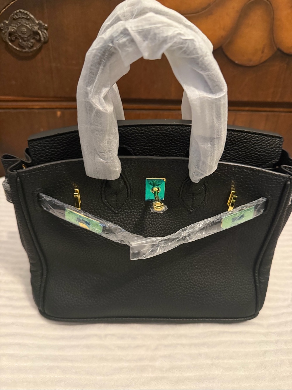 Classic Black Structured Tote Bag with Gold Hardware